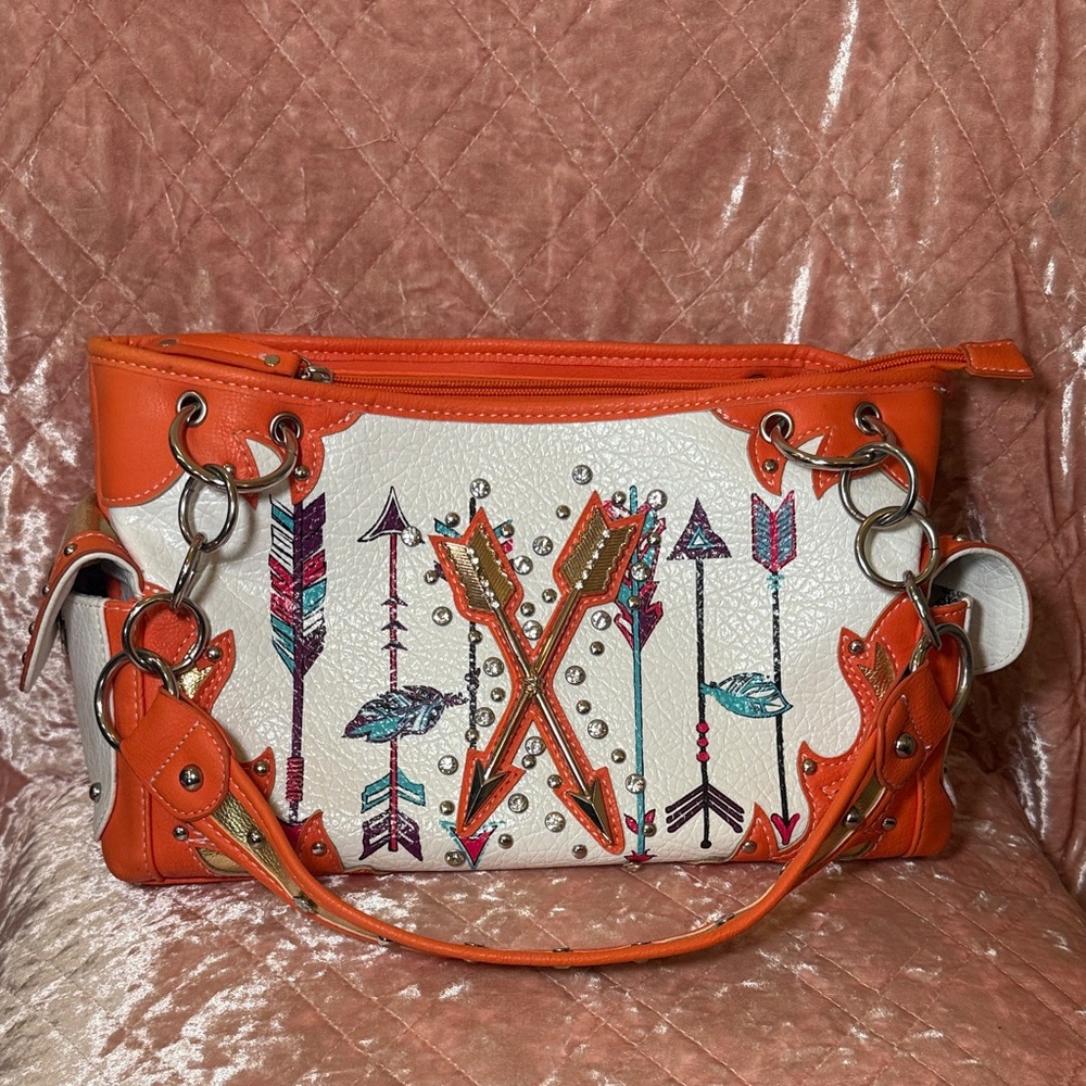 Orange and White Arrow-Print Studded Shoulder Bag